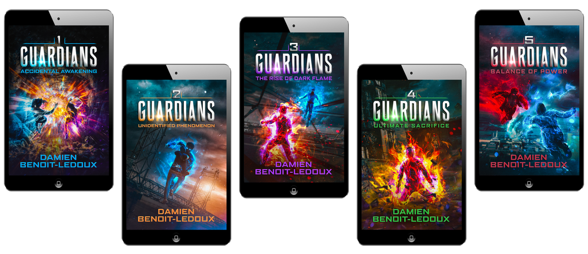 Guardians Series eBook Bundle promotional graphic, five superhero novels at 40 percent off