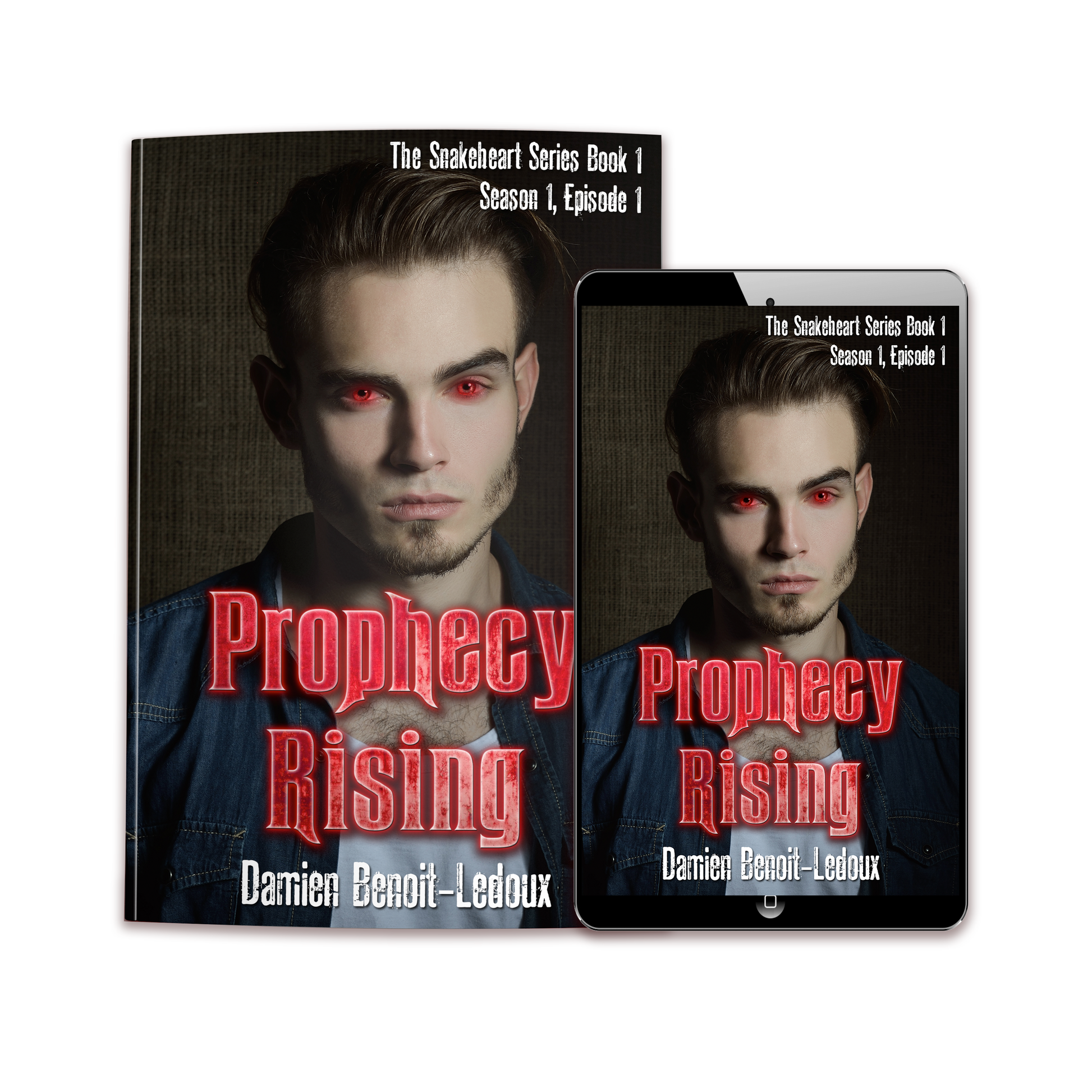 Prophecy Rising by Damien Benoit-Ledoux, adult supernatural thriller, shown in ebook and paperback editions