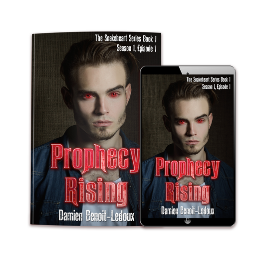 Prophecy Rising by Damien Benoit-Ledoux, adult supernatural thriller, shown in ebook and paperback editions