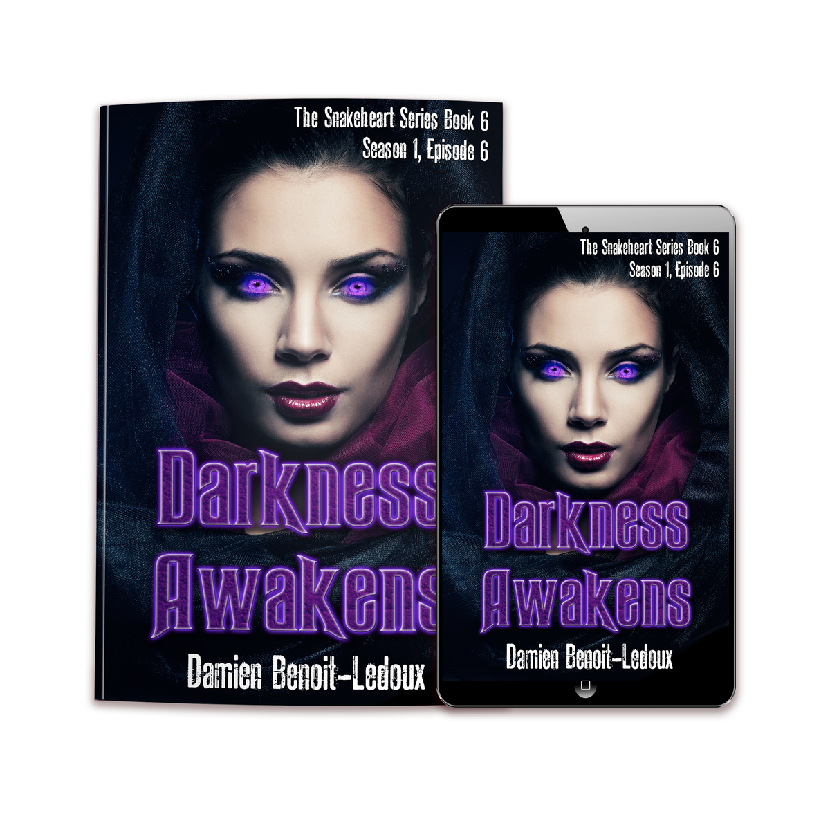 Darkness Awakens by Damien Benoit-Ledoux, adult supernatural thriller, shown in ebook and paperback editions